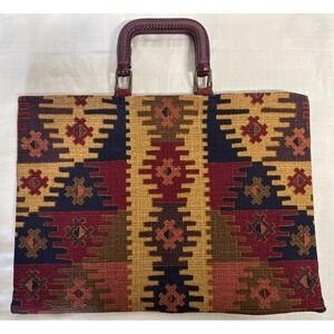 Elliva Boston Vtg Tapestry Bag Carpet Travel Bag Leather Handle Aztec 1940s Look